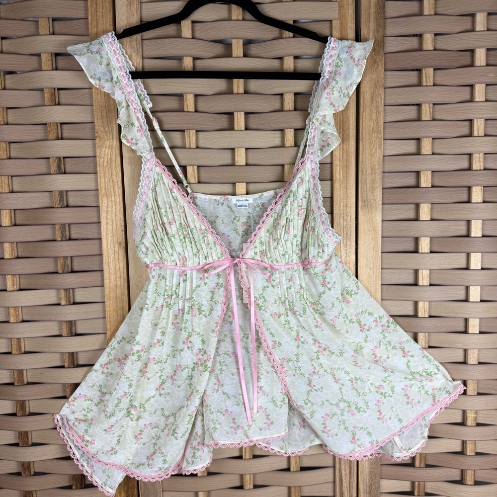 KIMCHI BLUE Floral Scalloped Lace Trim Flutter Cap Sleeve Babydoll Pink Ribbon